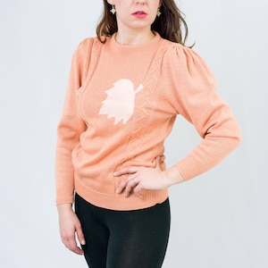 Orange Pullover Vintage 80er Jahre retro Pullover geschwollenärmelige Ärmel Pullover Blatt Patch Frauen S small