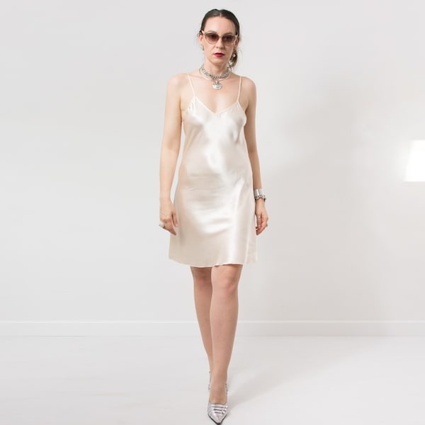 Minimalistisches Satin Slip Kleid Y2K Vintage Perlweiß Damen Größe S/M