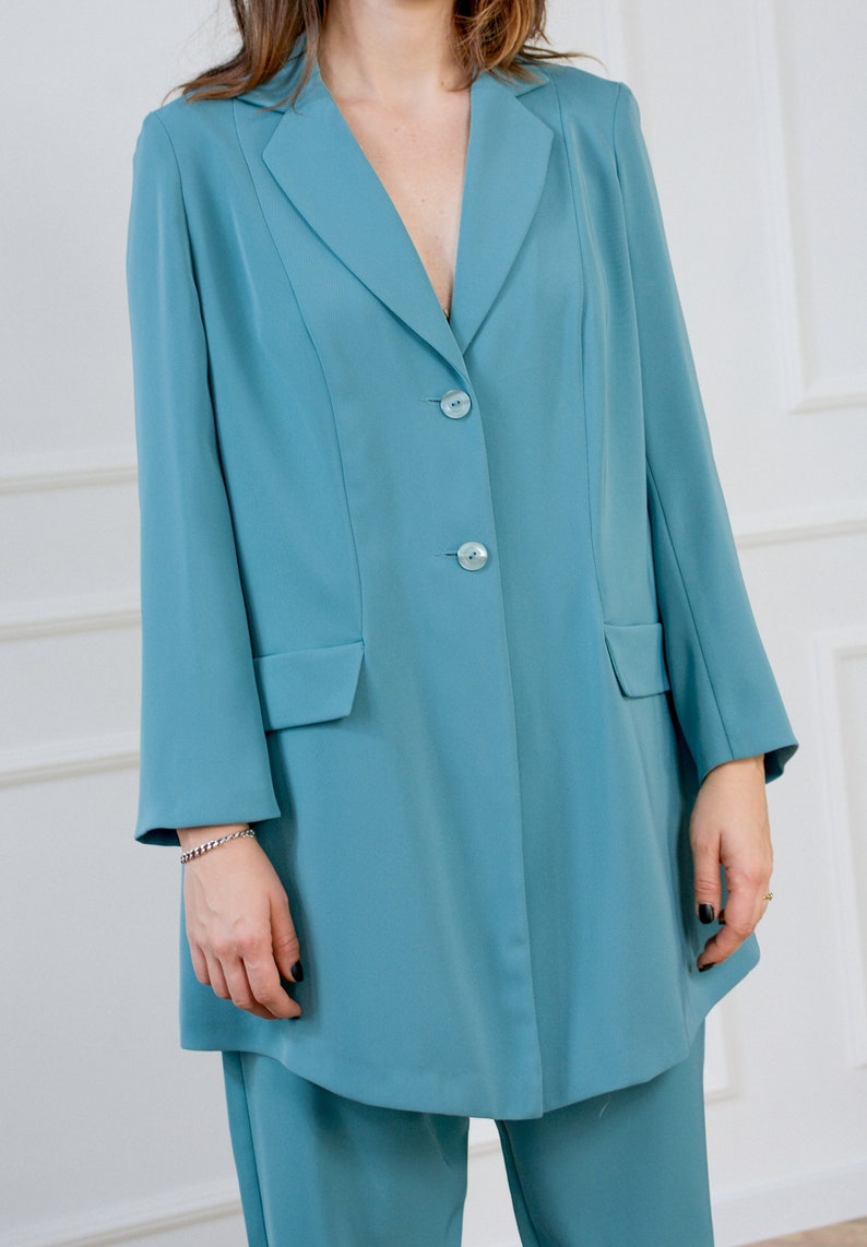 Turquoise Pant Suit Vintage Two Piece Set Blue Blazer and - Etsy