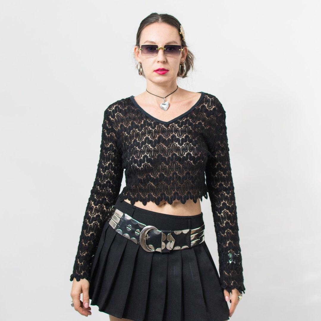 Black Sheer Crop Top Vintage Crochet Blouse Long Sleeve Women Etsy
