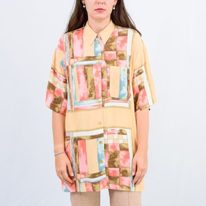 Vintage viscose shirt women printed abstract short sleeve orange red top XL/XXL