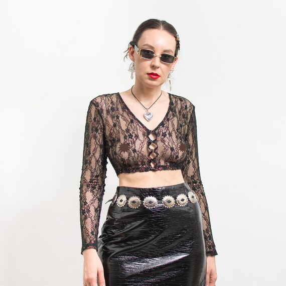 Chemisier vintage noir transparent a manches longues pour femme taille S M