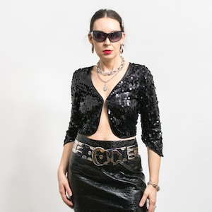 Sequins top black party blouse women size M
