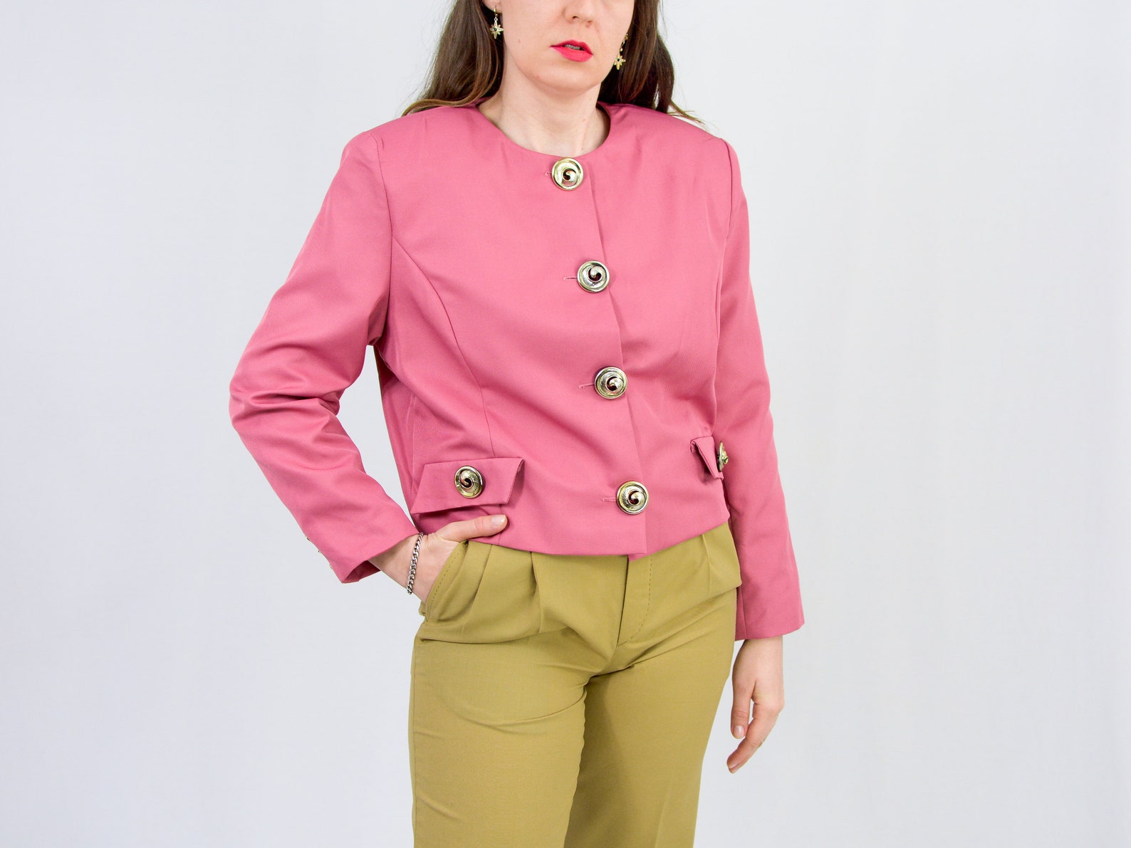 Salmon Blazer Vintage 80s Jacket Big Bright Buttons Cropped Retro