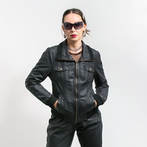 Schwarze Lederjacke Vintage Biker Damen Gr. L