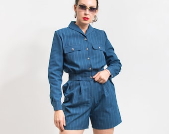 Tailored wool suit shorts and blazer matching set upcycled women size M