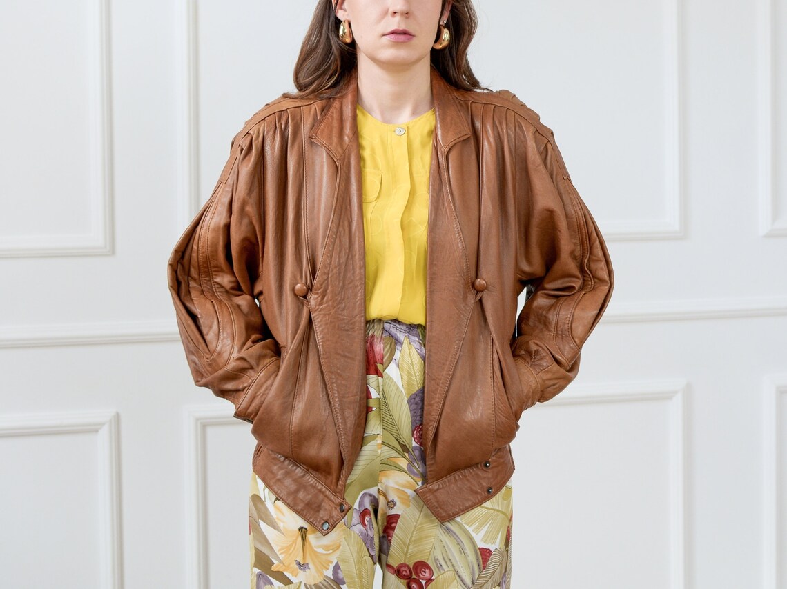 Caramel Leather Jacket 80s Orange Vintage Puffy Sleeve Bronze Etsy