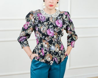 80s floral blouse vintage padded shoulders shirt printed 3/4 puffy sleeve retro lace collar L Large