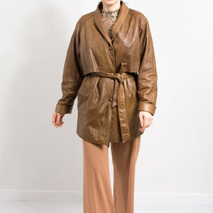 Oversized leather jacket Vintage brown belted trench coat women size M/L image 5