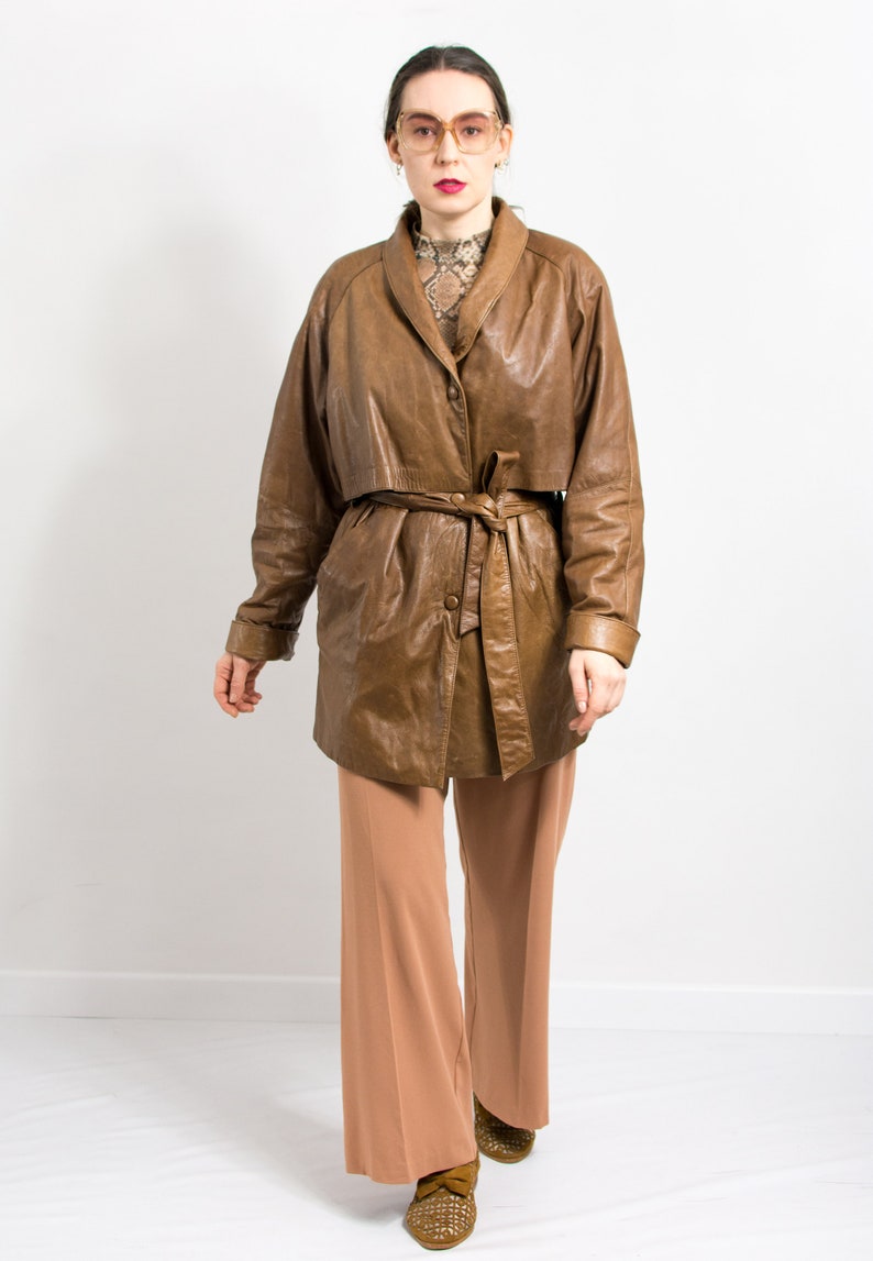Oversized leather jacket Vintage brown belted trench coat women size M/L image 5