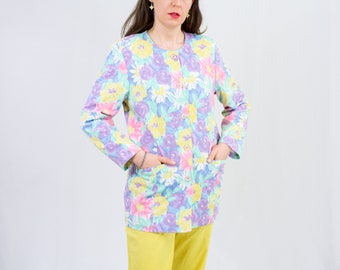 Floral blazer vintage rainbow 80s jacket padded shoulders L/XL