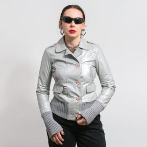 Vintage Metallic Silver Leather Jacket | Y2K cropped bomber style | women size S/M