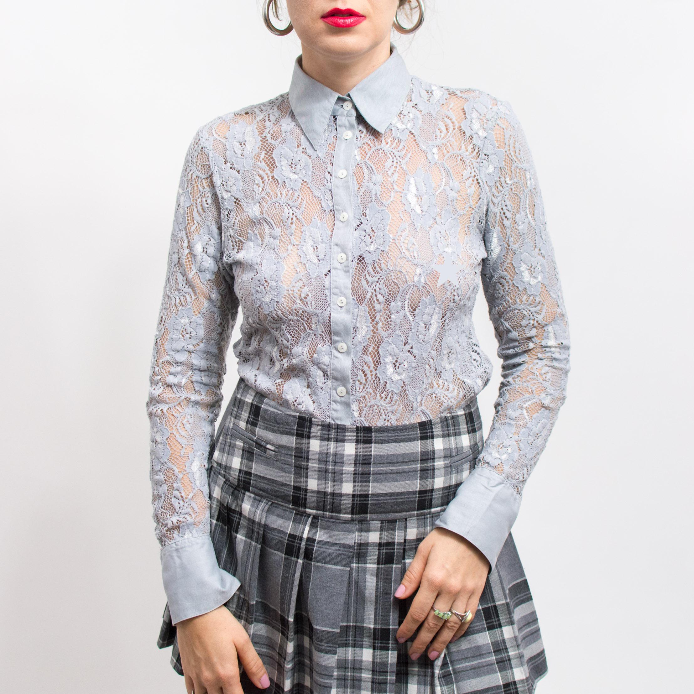 Lace Shirt Vintage Sheer Gray Top Mesh Long Sleeve Women