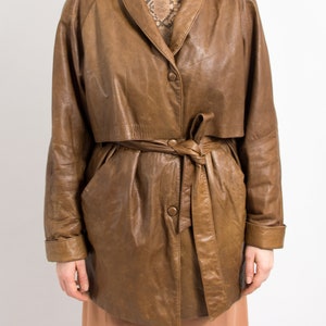 Oversized leather jacket Vintage brown belted trench coat women size M/L image 6