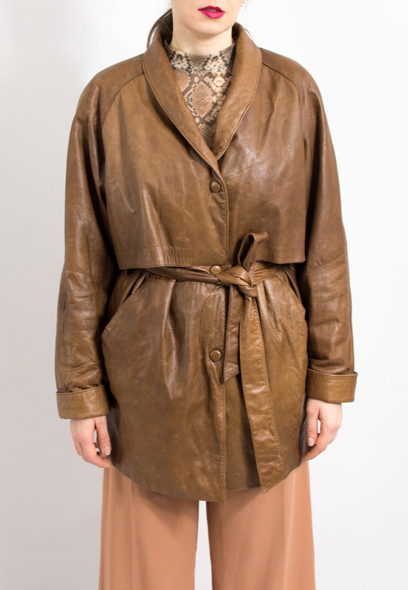 Oversized leather jacket Vintage brown belted trench coat women size M/L image 6