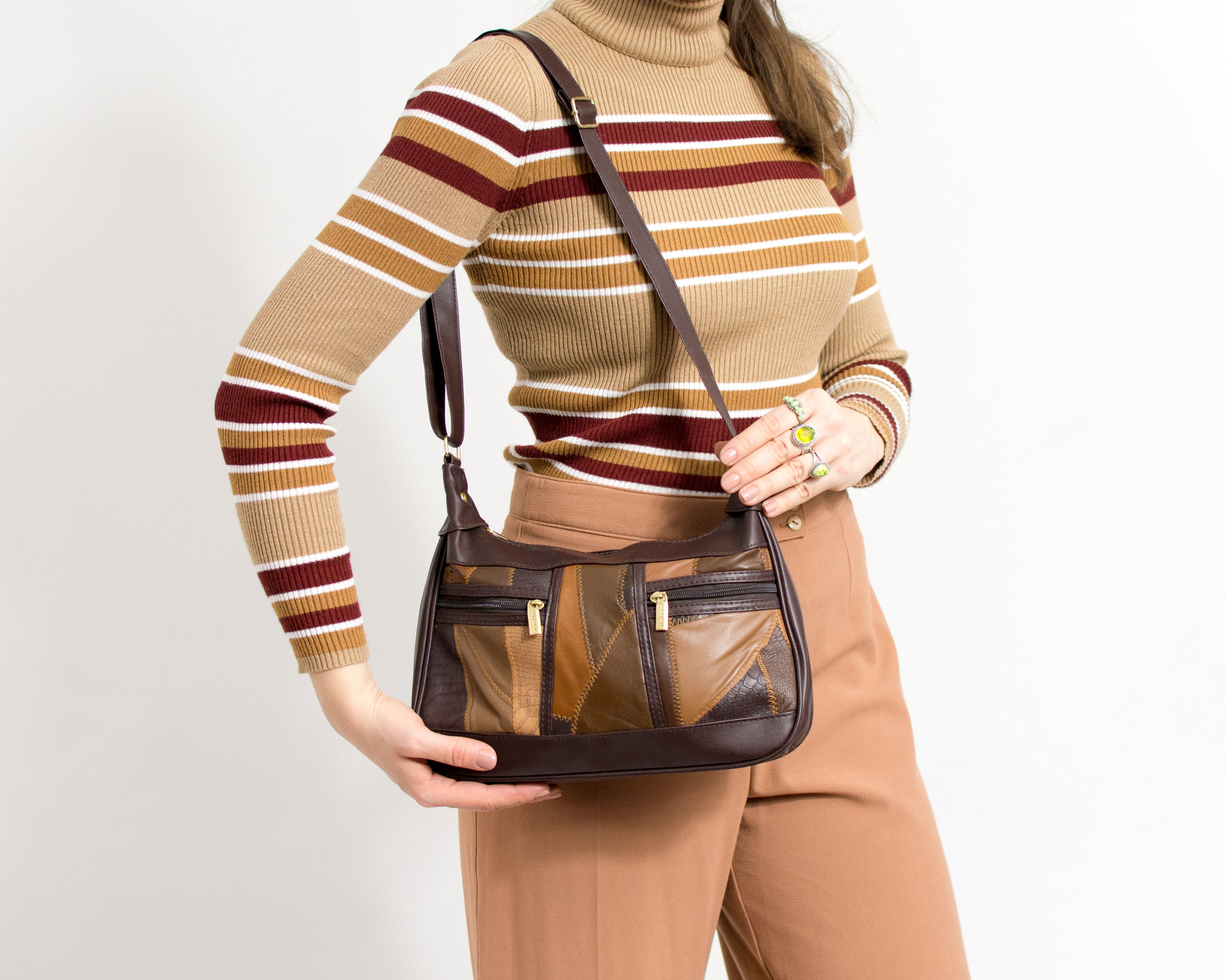 Patchwork Leather Shoulder Bag Vintage Crossbody Brown Women Etsy