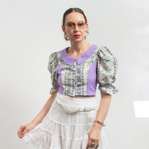 Puff sleeve blouse Tailored floral crop top women size S/M