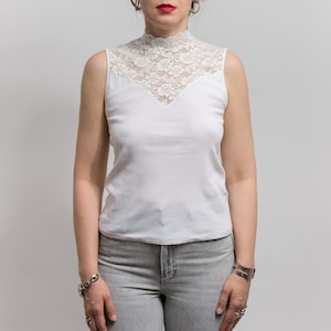 White Sleeveless Lace Top | fitted stretchy mockneck blouse | vintage minimalist style | women&#39;s size S-L