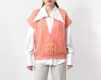 Hairy sweater vest Vintage salmon pink pullover golden buttons retro women one size