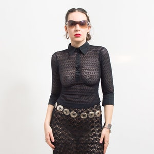 Lace Shirt Vintage Sheer Black Top Boho Half Sleeve Women