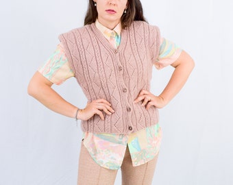 Salmon sweater vest vintage cardigan sleeveless beige handmade women L Large