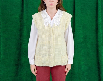 Beige sweater vest cream cardigan vintage retro sleeveless women Large