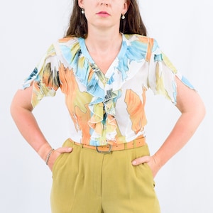 Summer blouse short sleeve frill shirt vintage abstract multi colour top M Medium
