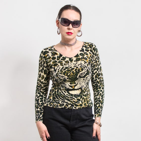 Vintage Leopard Print Merinowolle Mischung Pullover Top Damen M