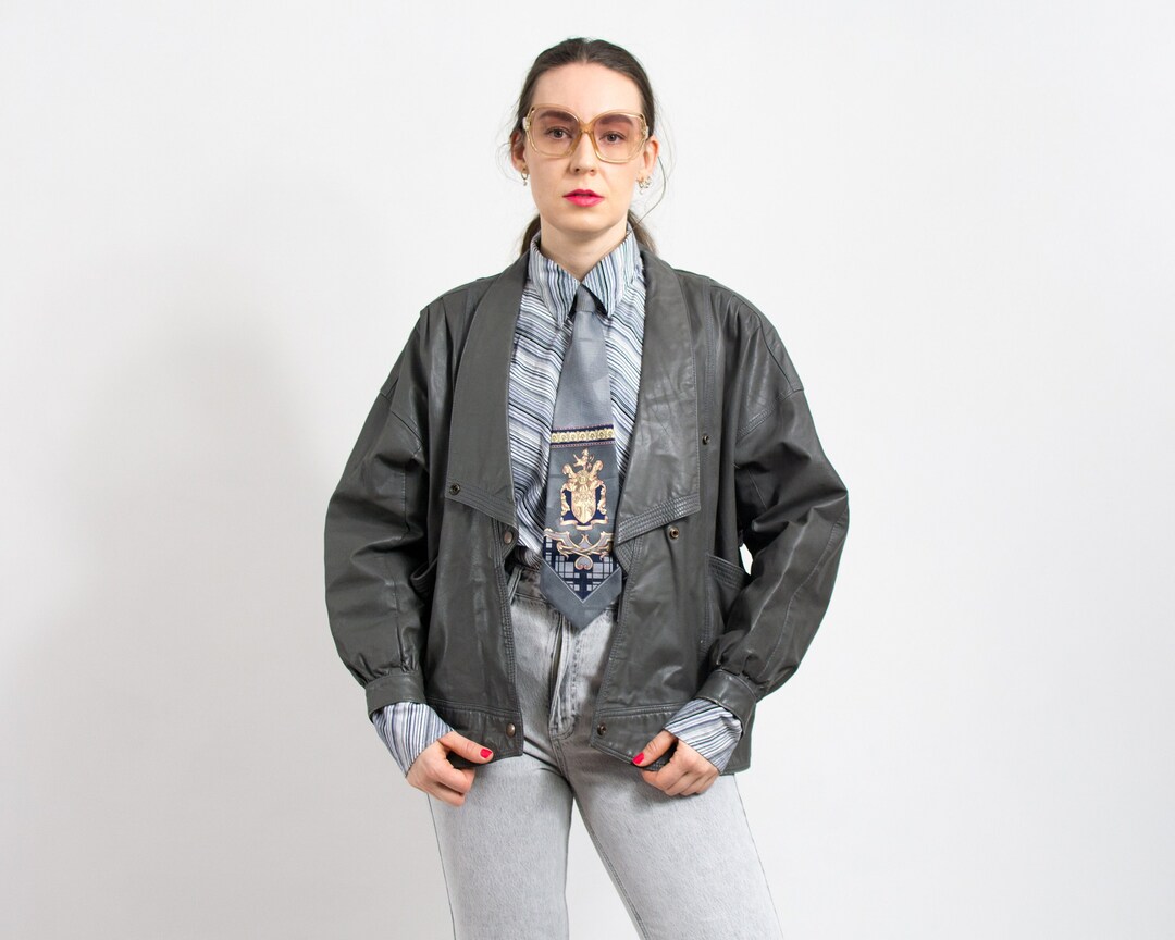 Gray Leather Bomber Jacket Vintage 80s Oversized Women Size Etsy