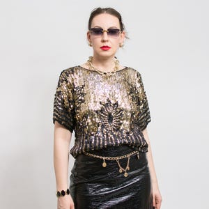 80&#39;s Sequin Blouse Vintage disco top party oversized women size L/XL