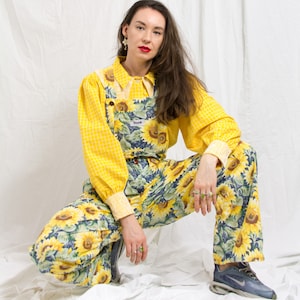 Tailored overalls sunflowers upcycled jumpsuit women size M