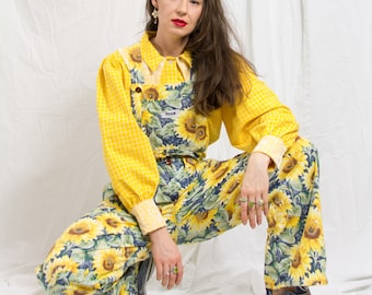 Tailored overalls sunflowers upcycled jumpsuit women size M