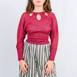 Rode partij top vintage jaren '90 brokaat metallic heldere blouse vrouwen lange reglan mouwen S / M afbeelding 1