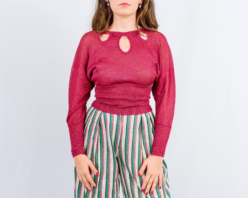 Red party top vintage 90s brocade metallic bright blouse women long reglan sleeves S/M image 1