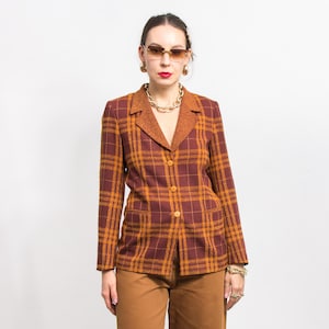 Vintage plaid blazer retro jacket tartan tailored women size M