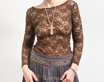 Brown lace top vintage sheer blouse long sleeve women size S/M
