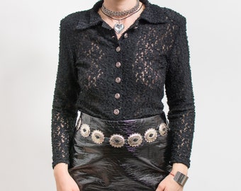 Camicia in pizzo vintage velato nero con top in maglia gotica a maniche lunghe da donna taglia S/M