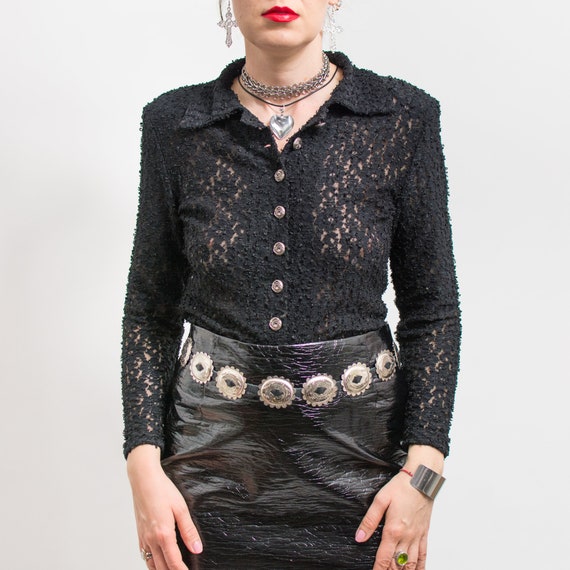 トップス vintage Black sheer top antique lace Antique Edwardian Black Lace Top - Raleigh Vintage