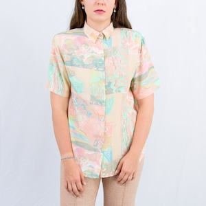 Vintage 80s shirt psychedelic pattern blouse rainbow padded shoulders short sleeve L Large