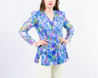 Purple blue floral blazer vintage 80s jacket boho padded shoulders L Large