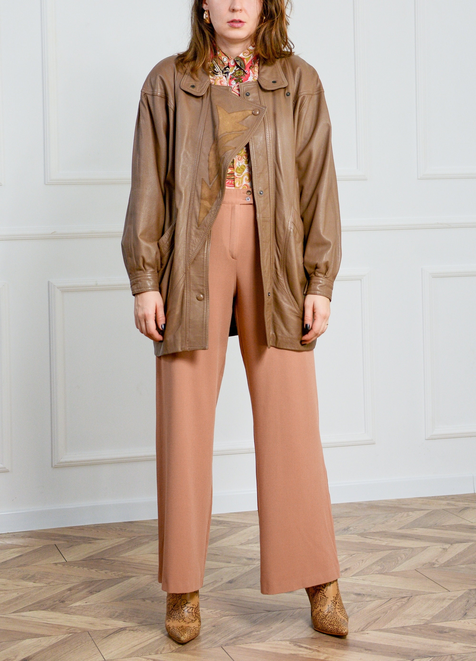 Vintage 80s Leather Jacket Brown Suede Inserts Coat Padded