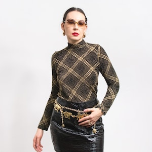 Plaid long sleeve top vintage blouse mockneck women size M