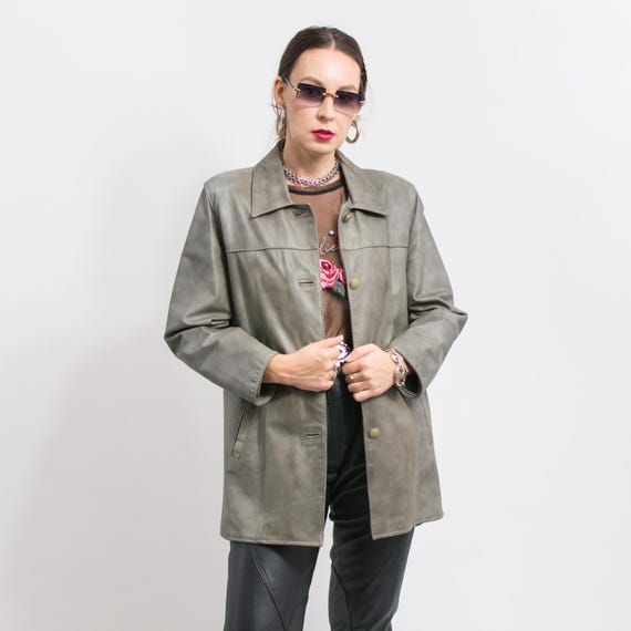 Leather Jacket Vintage Khaki Gray Fall Women Oversized Size L Etsy