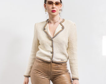 Cardigan Trachten vintage laine soie pull bavarois beige taille L