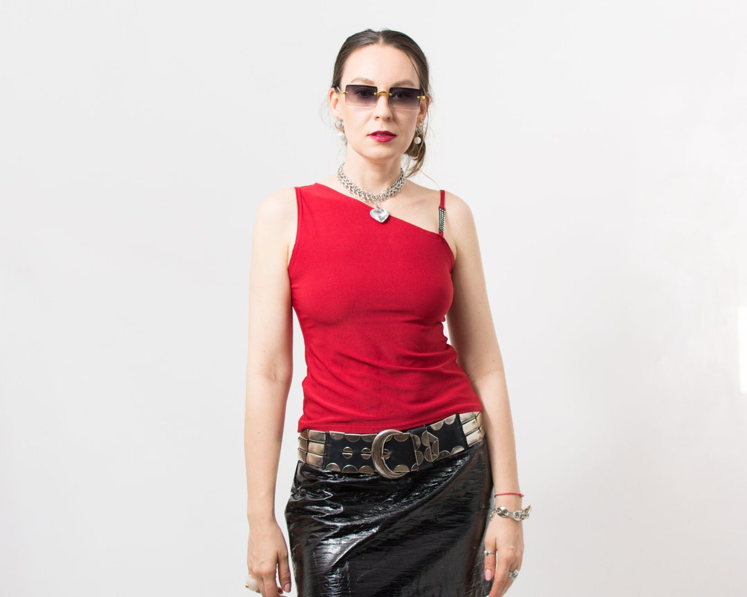 Y2K One Shoulder Top Red Vintage Bodycon Women Size M