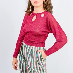 Rode partij top vintage jaren '90 brokaat metallic heldere blouse vrouwen lange reglan mouwen S / M afbeelding 5