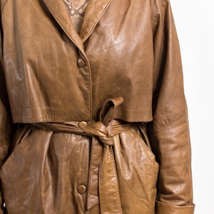 Oversized leather jacket Vintage brown belted trench coat women size M/L image 7