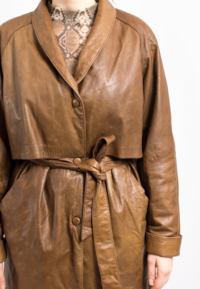 Oversized leather jacket Vintage brown belted trench coat women size M/L image 7