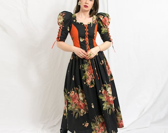 Bavarian dress handmade floral maxi puff sleeve retro empire waist women size S/M