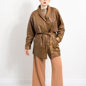 Oversized leather jacket Vintage brown belted trench coat women size M/L image 4